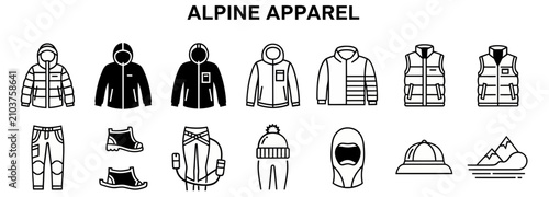 Φωτογραφία A grid of 14 black and white icons depicting alpine clothing and gear including