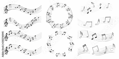 Schilderij op canvas musical notes on staffs in black and white line art music notation clef quavers