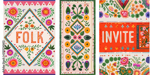 Foto folk art designs with vibrant floral patterns vector illustration flowers tradit