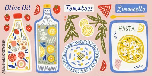 Bild auf Leinwand illustration of italian food ingredients on pink background olive oil tomatoes l