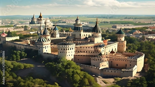 Aerial view of historic European castle complex.