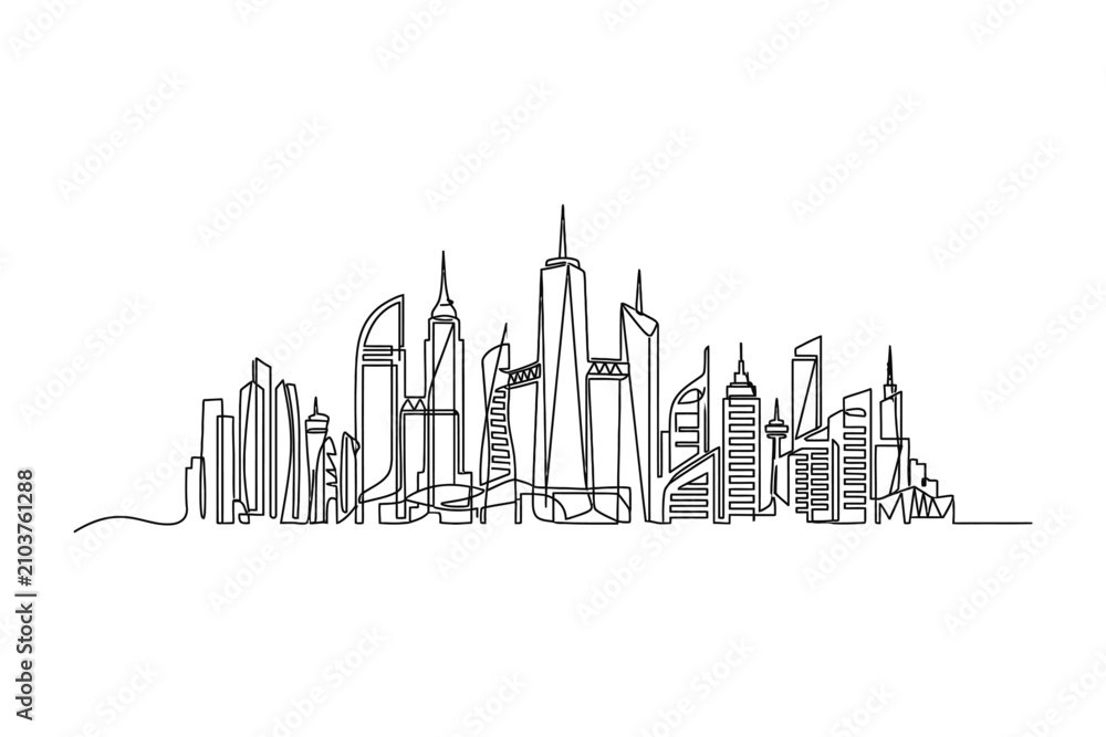 Fototapeta premium A continuous line drawing of a modern city skyline with skyscrapers.