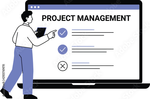 Professional businessman interacting with a digital project management checklist on a large computer screen monitor display