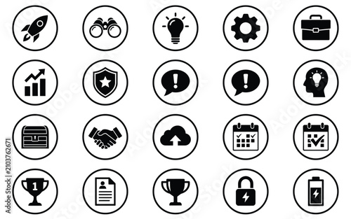 Business and startup line icon set featuring rocket briefcase lightbulb handshake calendar trophy shield and analytics inside circular frames