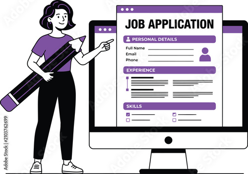 Professional woman holding a large pencil while filling out an online job application form digitally