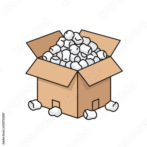 An open cardboard box filled with white protective packing foam pieces