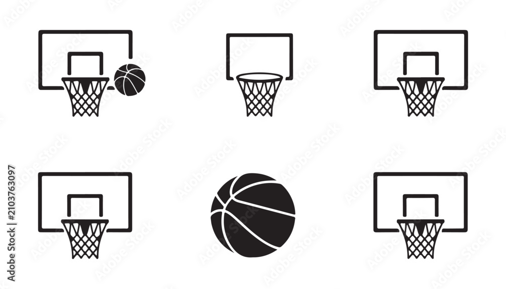 Obraz premium Set of basketball hoops with net and ball, basketball isolated vector icons. professional sport equipment.