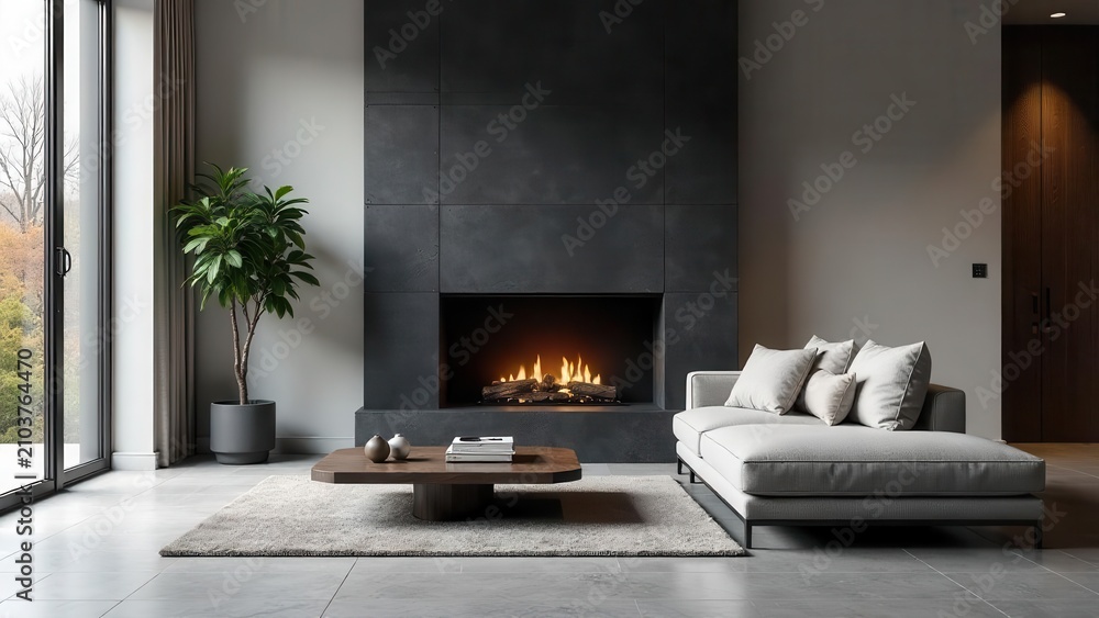 Naklejka premium Modern minimalist living room interior design featuring a contemporary fireplace and comfortable seating