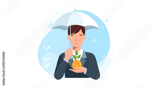 Business Character Shielding Growing Coin Plant, Sustainable Risk-Protected Growth Concept