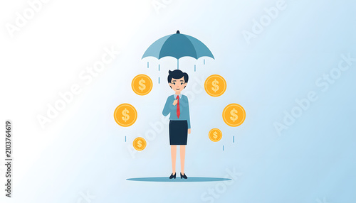 Business Character Under Umbrella in Coin Rain, Financial Risk Exposure Concept