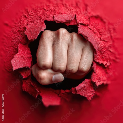 Human fist breaking through a textured red wall, with torn edges revealing a contrasting background, emphasizing strength and determination in a visually striking manner