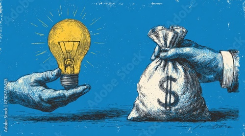 Illustration of two hands exchanging a light bulb and a money bag on a blue background, symbolizing innovation and financial investment in creative ideas