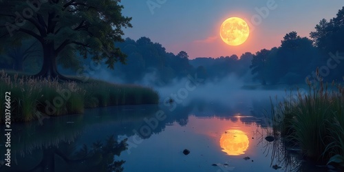 Serene moonrise over tranquil waters reflecting a mystical full moon, casting an ethereal glow on the mist-shrouded trees and calm lake