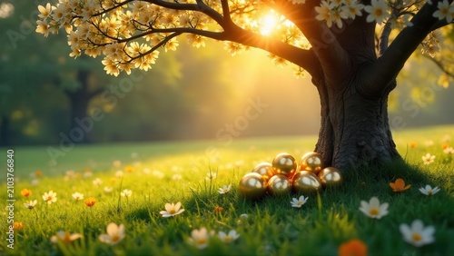Golden Eggs Nestled at the Base of a Blossoming Tree in a Sun-Drenched Meadow