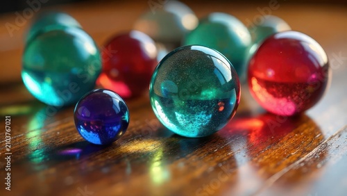 A Collection of Vibrant, Spheres Resting on a Polished Wooden Surface Reflecting Light