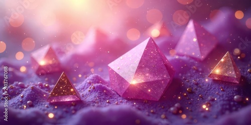 Glimmering Pink Geometric Crystals Embedded in a Purple Sparkling Surface