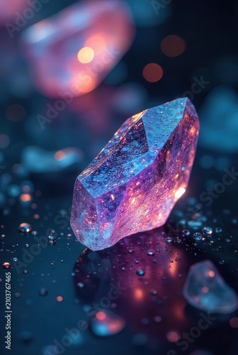 Illuminated Crystal Gem Reflecting on Dark Surface with Water Droplets