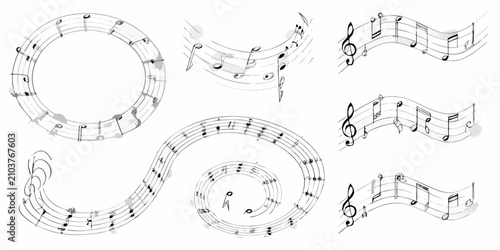 Foto musical notes on staffs in elegant black and white line art music notation clef
