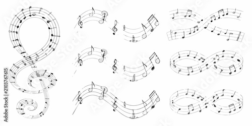 Foto musical notes on staffs in black and white line art music notation clef quavers