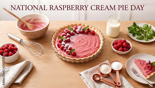 National Raspberry Cream Pie Day flat lay with pie ingredients utensils organized kitchen arrangement