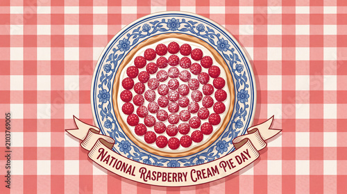 National Raspberry Cream Pie Day overhead view pie on vintage decorative plate with berries