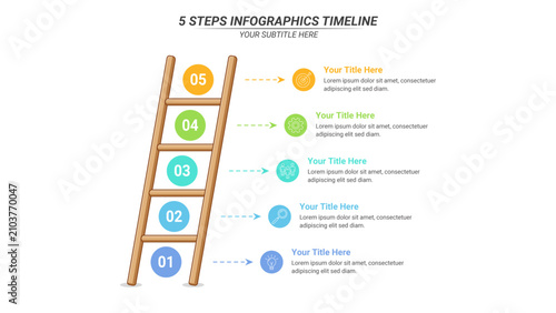 5 Step Ladder Infographic Presentation Template with Editable Text on 16:9 Layout