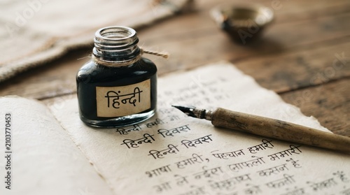 Hindi language calligraphy inkwell and dip pen on vintage paper for cultural heritage and literature concepts