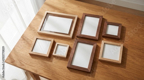 An elegant collection of empty wooden picture frames in various sizes and natural tones, arranged thoughtfully on a light timber table, perfect for personalized home decor and cherished memories