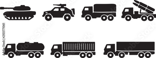 Tableau sur toile Military ground vehicles icon set featuring tanks and armored transport symbols, editable vector EPS