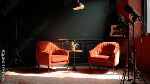 Modern studio interior with two podcast interview chairs, neon lighting, dark aesthetic background with copy space