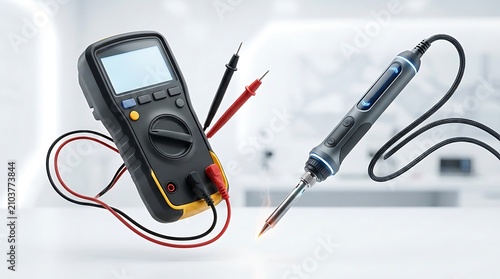 A digital multimeter with red and black probes next to a soldering iron on a white table in a bright laboratory or workshop environment