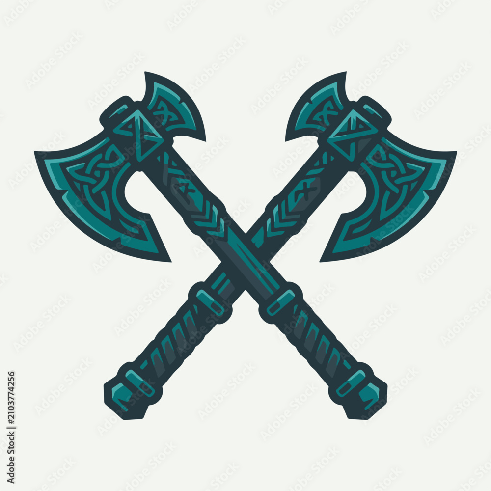 Obraz premium Illustration of crossed viking axes with celtic knotwork patterns.