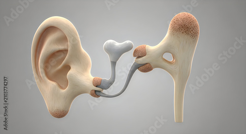 3d render of human ear anatomy showing auditory ossicles and ear canal, medical illustration