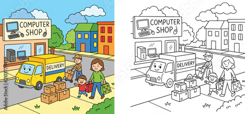 Delivery truck delivering boxes near computer shop with shopping family, color illustration and outline coloring page vector set