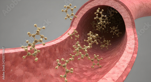 3d render of cholesterol plaque build-up in artery, medical illustration, cardiovascular health concept