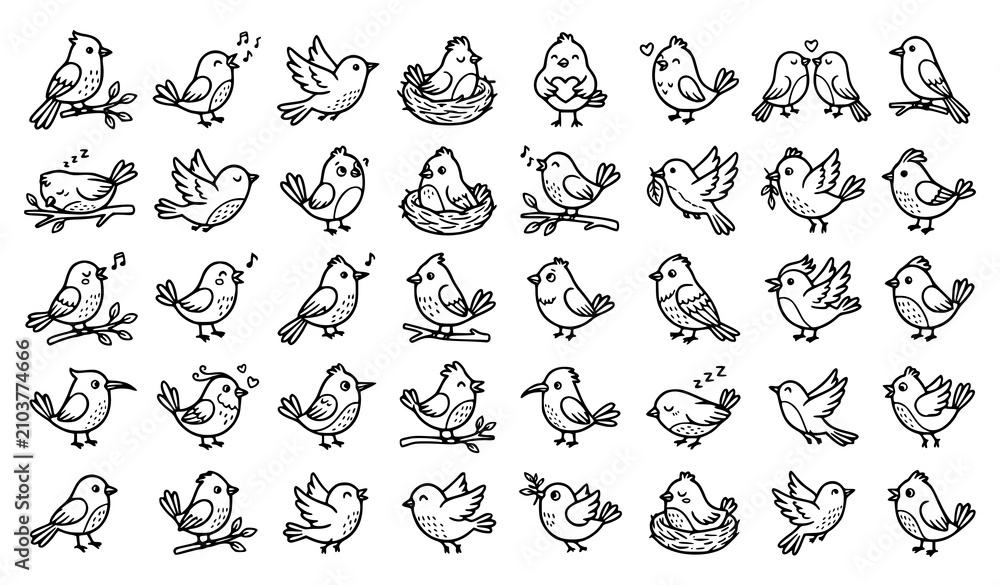 Obraz premium Hand Drawn Cute Bird Doodle Outline Vector Collection in Black and White