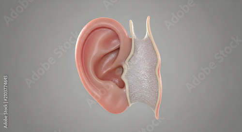 3d render of human ear anatomy showing ear canal and eardrum, medical illustration, educational visualization