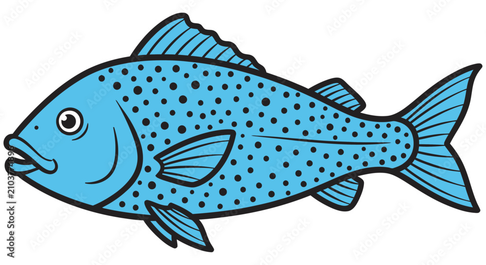 Fototapeta premium Blue Fish Illustration With Black Spots And Outline On White Background