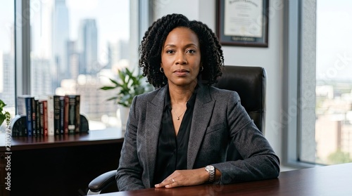 A professional Black woman sits in a leather office chair, positioned in front of a large desk. She wears a gray blazer over a black silk top.