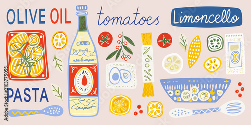 Foto illustration of italian food ingredients with colorful hand drawn style hand dra