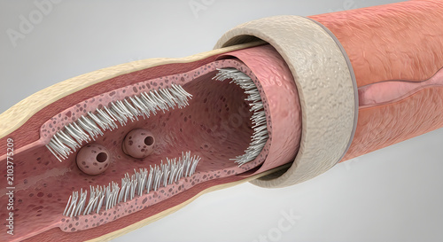 3d render of arterial plaque build-up in a blood vessel, medical illustration, detailed vascular health concept