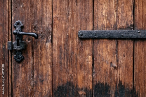 Aged wooden door with dark metal hardware, showing texture and wear