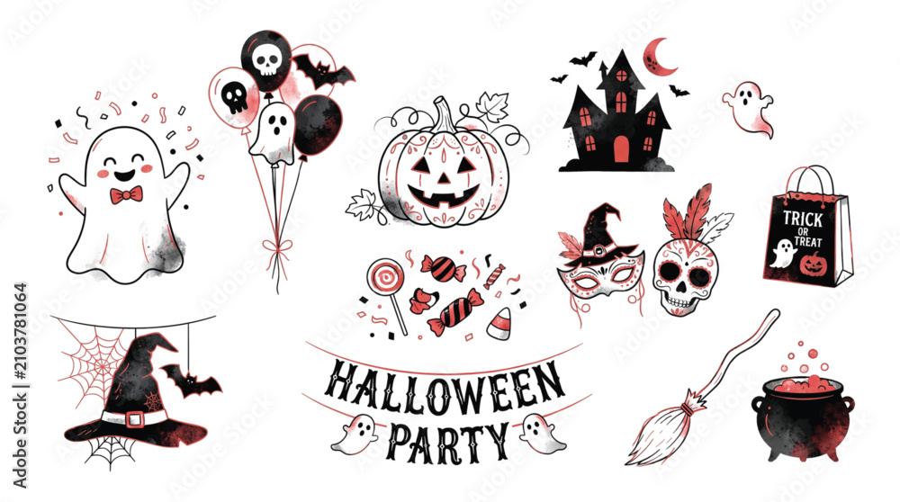 Fototapeta premium Halloween Party Vector Collection with Spooky Decorations and Holiday Elements Isolated on White Background