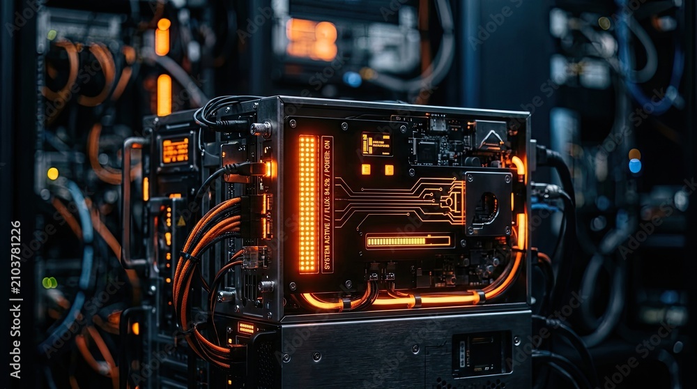Fototapeta premium Futuristic server rack with glowing orange lights. High-tech data center hardware for digital computing.