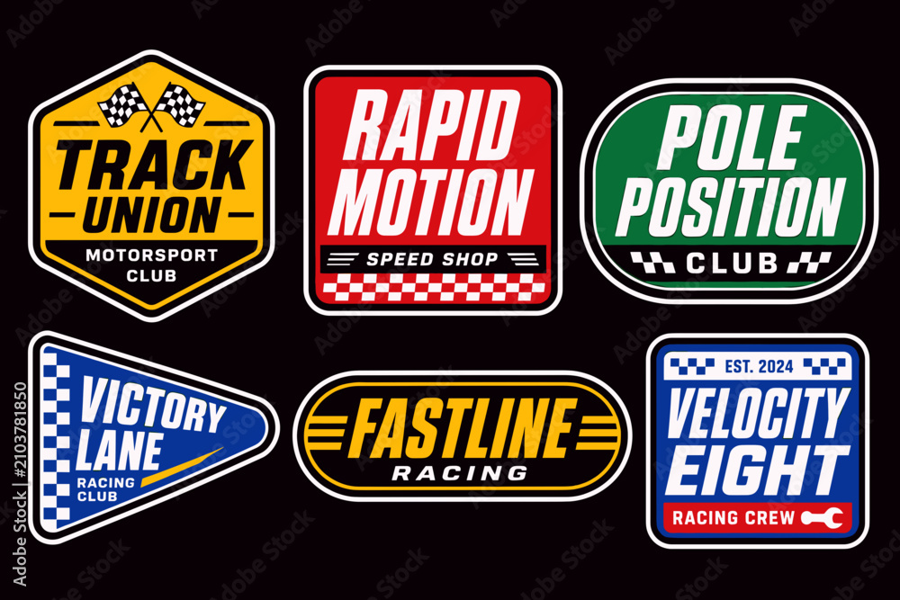 Obraz premium A collection of six vibrant racing and motorsport club logos and badges featuring various shapes, colors, and speed-related typography on a dark background.