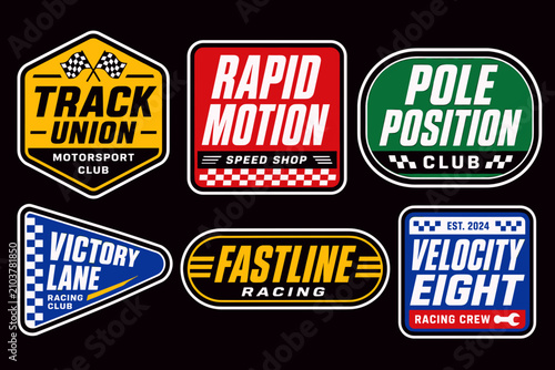 A collection of six vibrant racing and motorsport club logos and badges featuring various shapes, colors, and speed-related typography on a dark background.