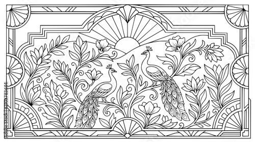 Art Deco Peacock Coloring Page with Floral Garden and Sunburst