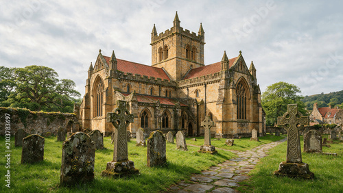 Gothic Styled Abbey Ruins and Old Cemetery in Rolling Countryside