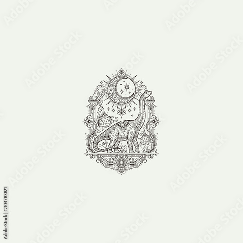 Celestial Brachiosaurus Line Art with Moon and Stars