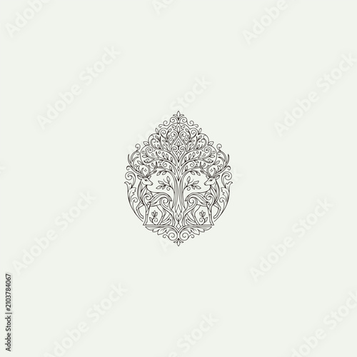 Ornate Line Art Crest Featuring Deer and Tree of Life